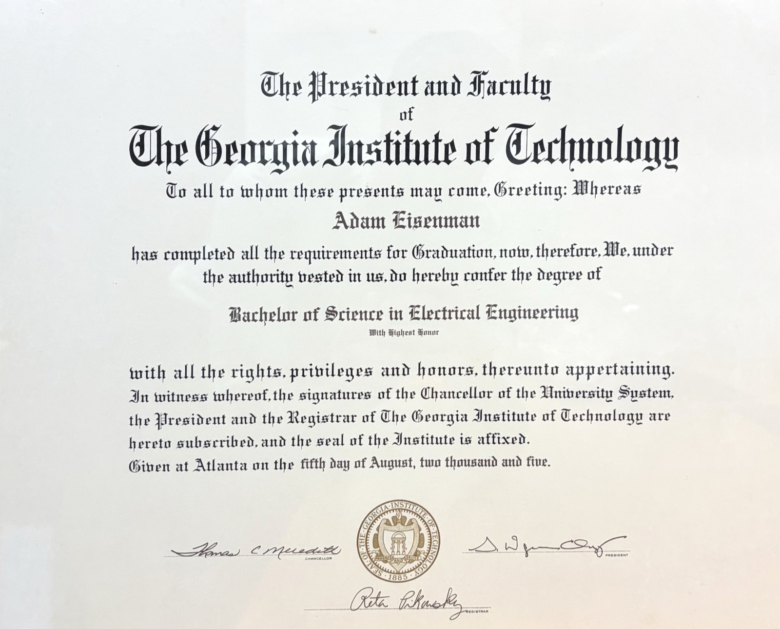 Diploma de Bachelor of Science de Georgia Tech de Adam Eisenman