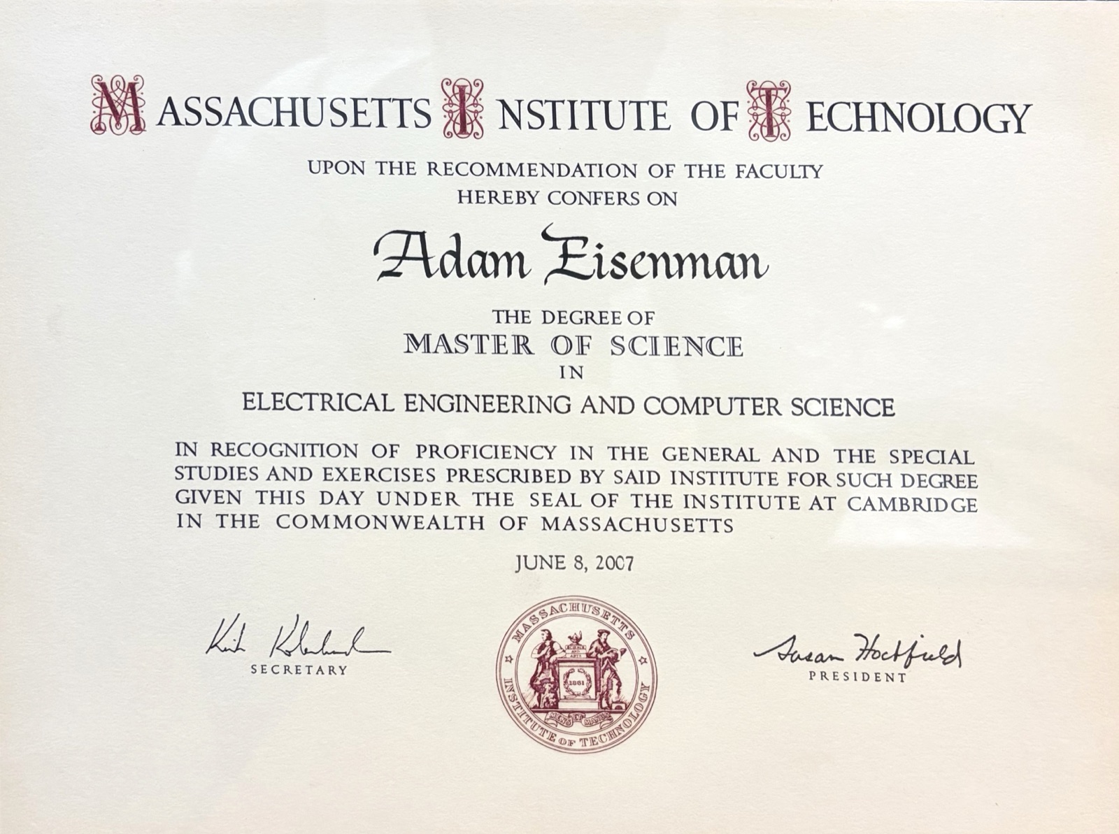 Diploma de Master of Science del MIT de Adam Eisenman
